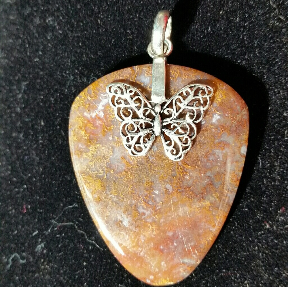.925 Silver Butterfly Red Moss Agate Pendant